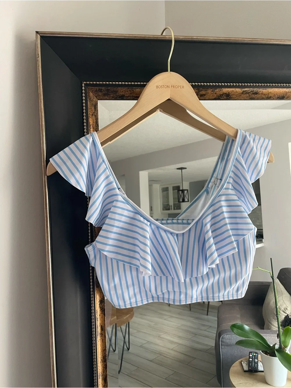SHEIN Girls Blue & White Striped Ruffle Bikini Swimsuit Set | Size 14Y | NWT